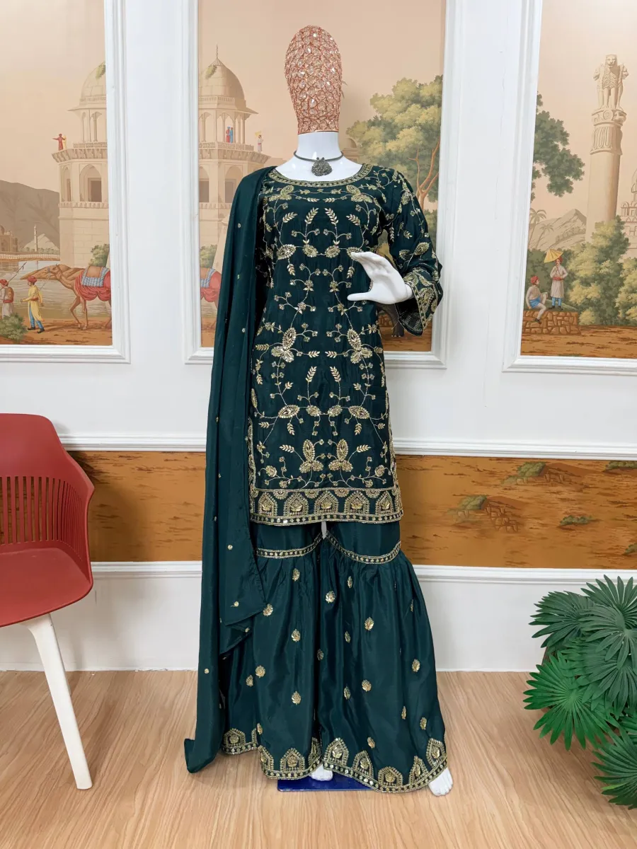 DESIGNER CHINON SEMI-BEADS EMBROIDERY WORK TOP SHARARA WITH DUPATTA FESTIVE WEAR WHOLESALE PRICE ETHNIC GARMENT (17)