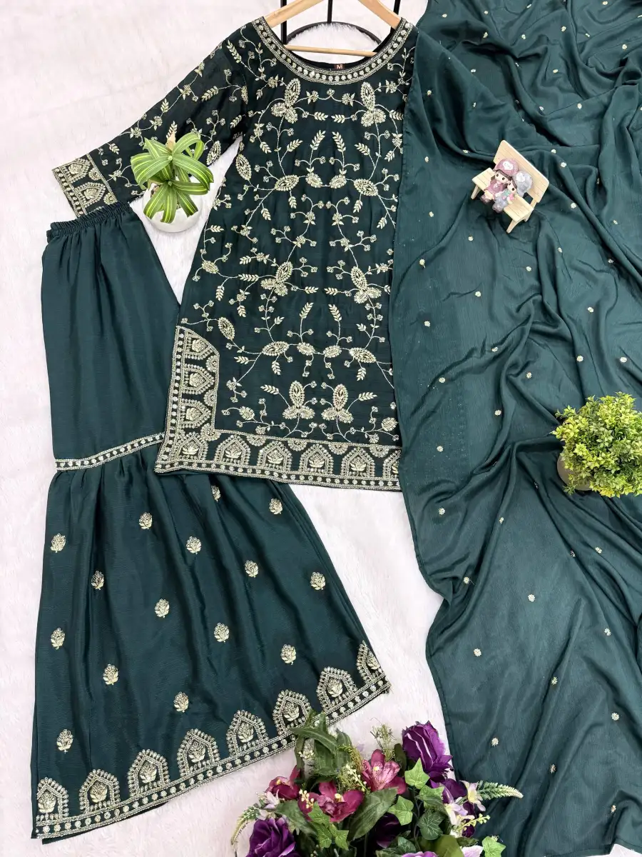 DESIGNER CHINON SEMI-BEADS EMBROIDERY WORK TOP SHARARA WITH DUPATTA FESTIVE WEAR WHOLESALE PRICE ETHNIC GARMENT (18)
