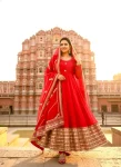 DESIGNER CHINON SEQUENCE EMBROIDERY SLEEVE SEQUENCE LACE WORK GOWN BOTTOM WITH DUPATTA RED