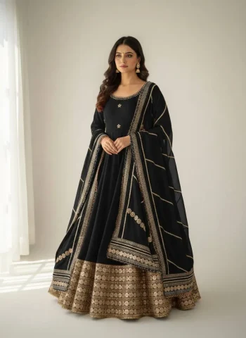 DESIGNER CHINON SILK CODING EMBROIDERY WORK AND GOTTA PAPER 3 MM SEQUENCE WORK GOWN BOTTOM WITH DUPATTA BLACK