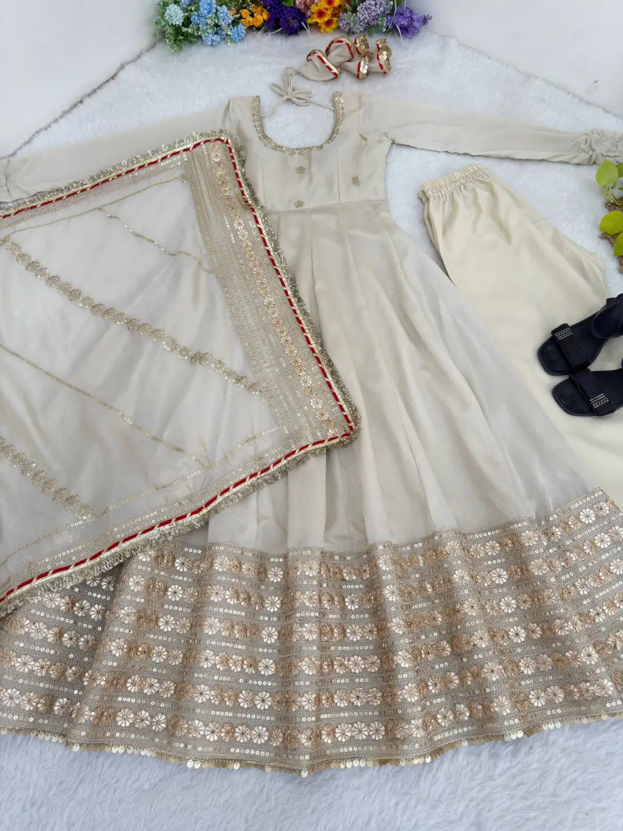 DESIGNER CHINON SILK CODING EMBROIDERY WORK AND GOTTA PAPER 3 MM SEQUENCE WORK GOWN BOTTOM WITH DUPATTA FESTIVE WEAR WHOLESALE PRICE ETHNIC GARMENT (4)