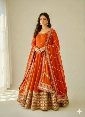 DESIGNER CHINON SILK CODING EMBROIDERY WORK AND GOTTA PAPER 3 MM SEQUENCE WORK GOWN BOTTOM WITH DUPATTA ORANGE