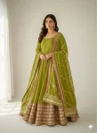 DESIGNER CHINON SILK CODING EMBROIDERY WORK AND GOTTA PAPER 3 MM SEQUENCE WORK GOWN BOTTOM WITH DUPATTA OLIVE GREEN