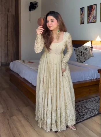 DESIGNER CHINON SILK EMBROIDERY 5 MM SEQUENCE WORK WITH RIVET -MOTI WORK GOWN BOTTOM WITH DUPATTA OFF WHITE