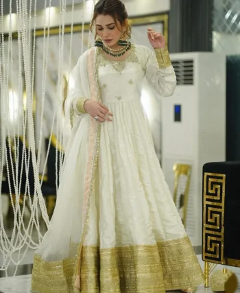 DESIGNER CHINON SILK EMBROIDERY CODING DORI & 5 MM SEQUENCE WORK GOWN BOTTOM WITH DUPATTA OFF WHITE
