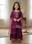 DESIGNER CHINON SILK EMBROIDERY SEQUENCE WORK KID'S TOP SHARARA WITH DUPATTA WINE