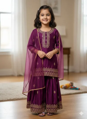 DESIGNER CHINON SILK EMBROIDERY SEQUENCE WORK KID'S TOP SHARARA WITH DUPATTA WINE