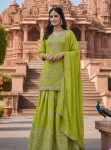 DESIGNER CHINON SILK EMBROIDERY SEQUENCE WORK TOP LEHENGA WITH DUPATTA PARROT GREEN