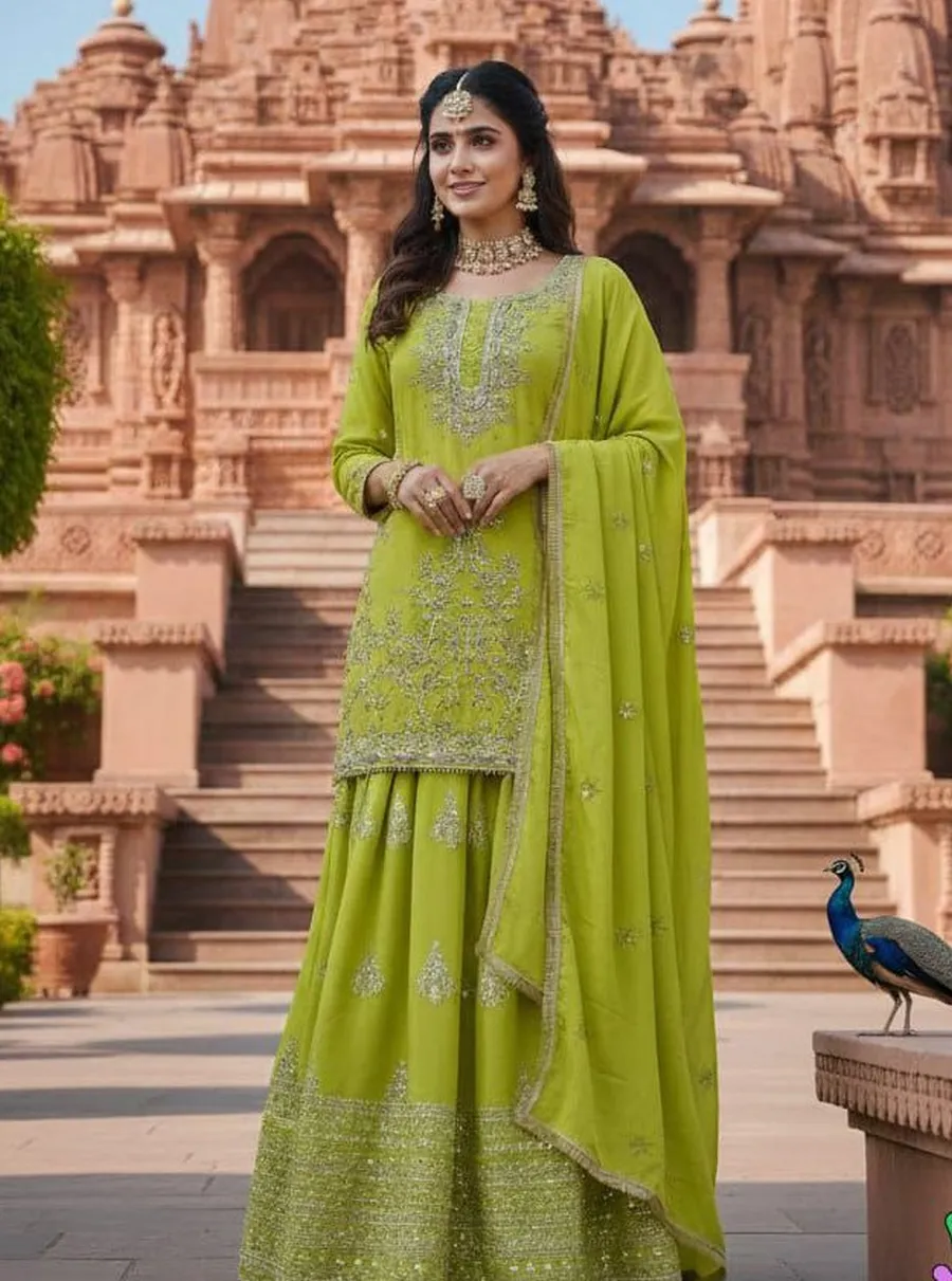 DESIGNER CHINON SILK EMBROIDERY SEQUENCE WORK TOP LEHENGA WITH DUPATTA FESTIVE WEAR WHOLESALE PRICE ETHNIC GARMENT (10)