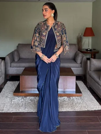 DESIGNER CHINON SILK SAMOSA LACE BORDER READY TO WEAR SAREE AND BLOUSE WITH ZARI AND THREAD EMBROIDERY WORK KOTI NAVY BLUE