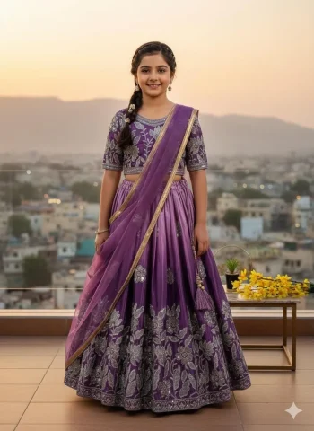 DESIGNER CHINON SILK SEQUENCE EMBROIDERY WORK KID'S LEHENGA CHOLI WITH DUPATTA PURPLE