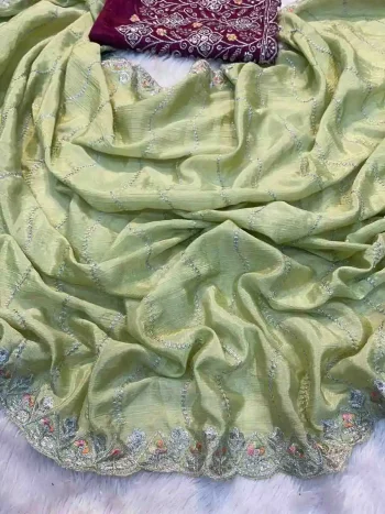DESIGNER CHINON SILK SEQUENCE WORK WITH CUT WORK BORDER WORK SAREE WITH UNSTITCHED BLOUSE PISTA