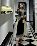 DESIGNER CHINON SILK THREAD EMBROIDERY WORK TOP PALAZZO WITH DUPATTA BLACK AND WHITE
