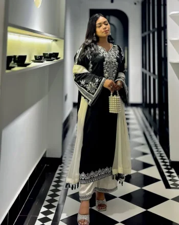 DESIGNER CHINON SILK THREAD EMBROIDERY WORK TOP PALAZZO WITH DUPATTA BLACK AND WHITE
