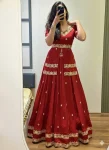 DESIGNER CHINON SILK THREAD & PIPE SEQUENCE WORK TOP LEHENGA WITH DUPATTA RED