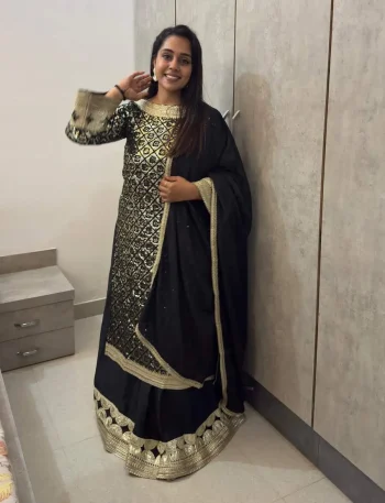 DESIGNER CHINON THREAD, EMBROIDERY , AND 25,000+ SEQUENCE WORK TOP LEHENGA WITH DUPATTA BLACK