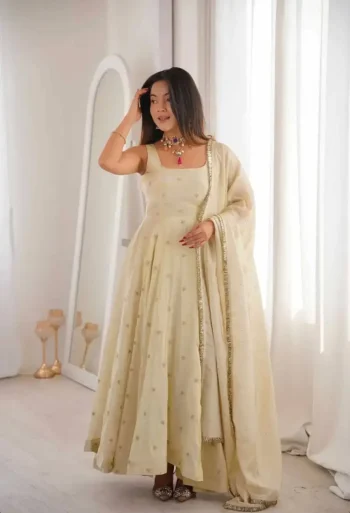 DESIGNER COSMOS GOLD EMBROIDERY WORK GOWN BOTTOM WITH DUPATTA OFF WHITE