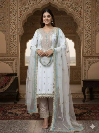 DESIGNER CREPE SILK SEQUENCE EMBROIDERY WORK TOP PALAZZO WITH DUPATTA PEACH AND WHITE