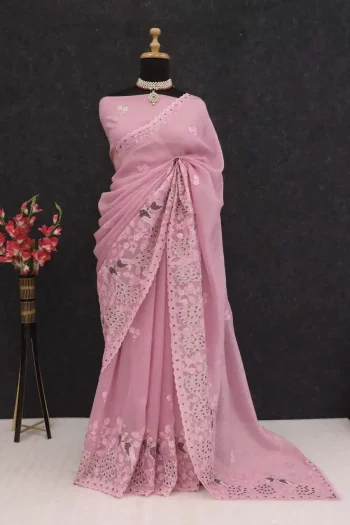 DESIGNER CRUNCHY CRUSH MULTI THREAD EMBROIDERY WITH SEQUENCE WORK SAREE WITH UNSTITCHED BLOUSE BABY PINK