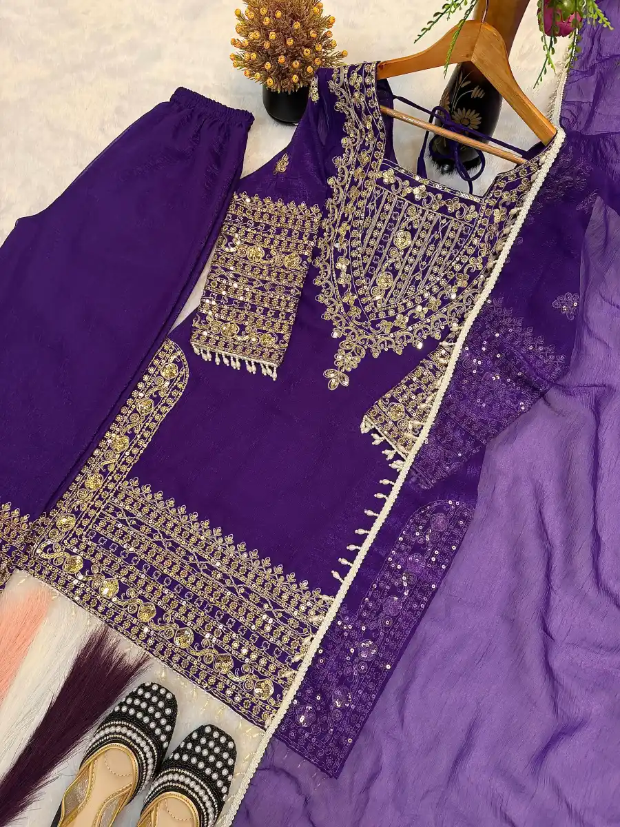 DESIGNER CRUNCHY SILK EMBROIDERY SEQUENCE WITH LACE BORDER WORK TOP PALAZZO WITH DUPATTA FESTIVE WEAR WHOLESALE PRICE ETHNIC GARMENT (2)