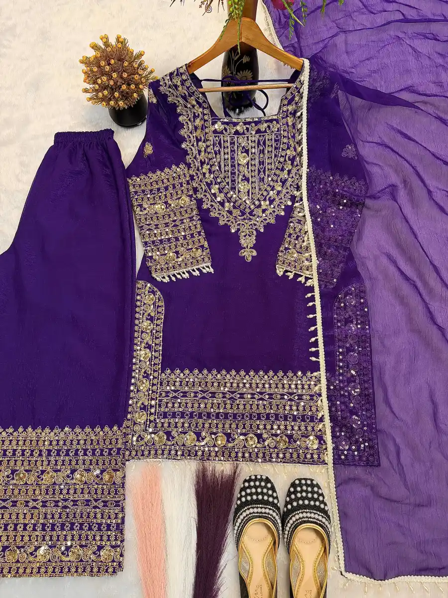 DESIGNER CRUNCHY SILK EMBROIDERY SEQUENCE WITH LACE BORDER WORK TOP PALAZZO WITH DUPATTA FESTIVE WEAR WHOLESALE PRICE ETHNIC GARMENT (7)