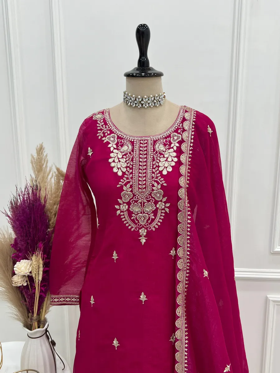 DESIGNER CRUNCHY SILK EMBROIDERY SEQUENCE,THREAD AND JARI WORK TOP PALAZZO WITH DUPATTA FESTIVE WEAR WHOLESALE PRICE ETHNIC GARMENT (1)