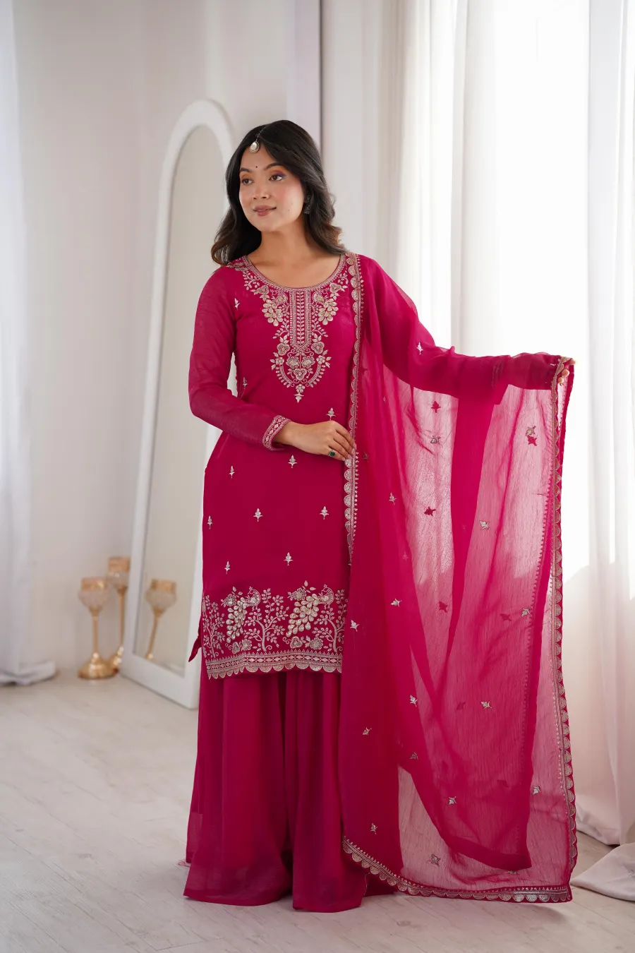 DESIGNER CRUNCHY SILK EMBROIDERY SEQUENCE,THREAD AND JARI WORK TOP PALAZZO WITH DUPATTA FESTIVE WEAR WHOLESALE PRICE ETHNIC GARMENT (17)