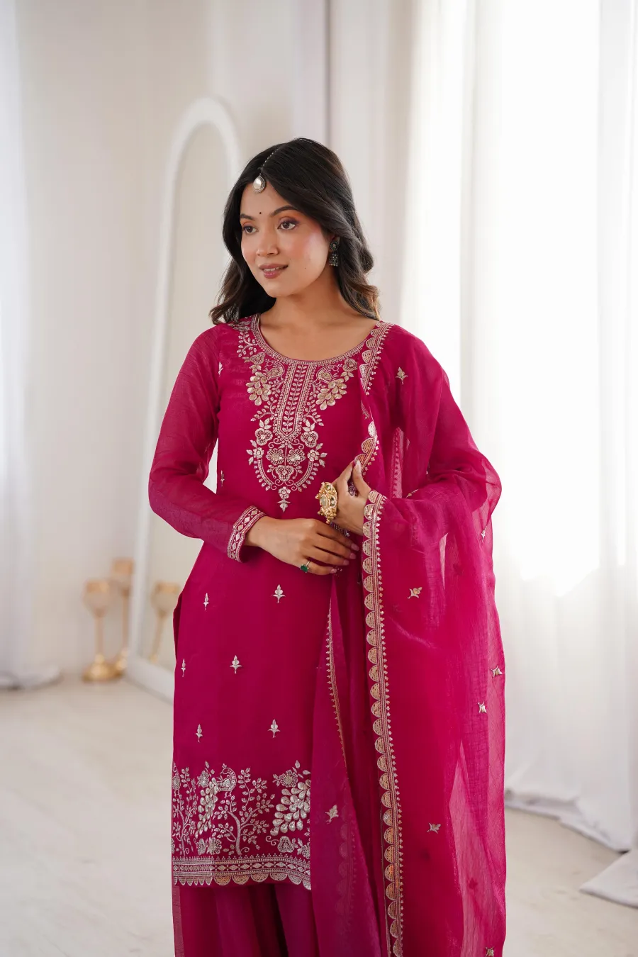 DESIGNER CRUNCHY SILK EMBROIDERY SEQUENCE,THREAD AND JARI WORK TOP PALAZZO WITH DUPATTA FESTIVE WEAR WHOLESALE PRICE ETHNIC GARMENT (20)