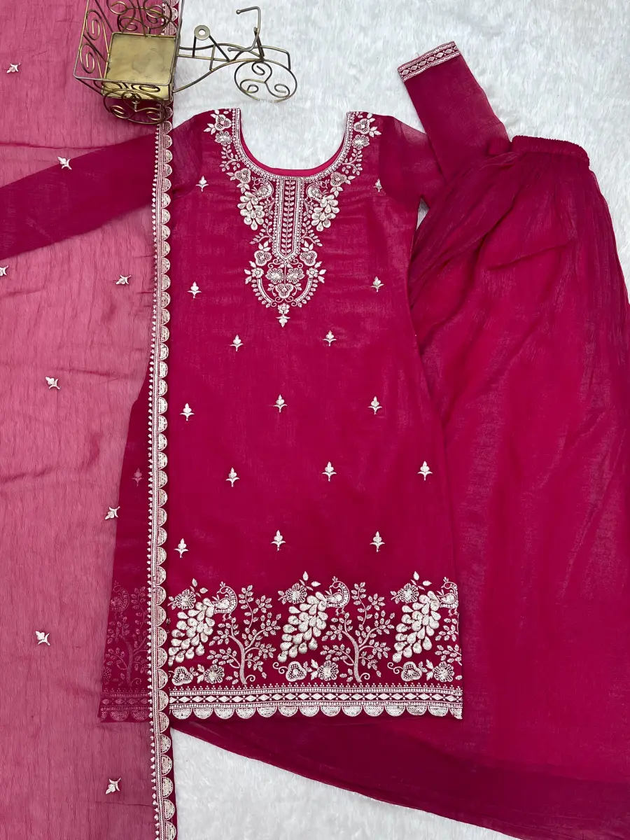 DESIGNER CRUNCHY SILK EMBROIDERY SEQUENCE,THREAD AND JARI WORK TOP PALAZZO WITH DUPATTA FESTIVE WEAR WHOLESALE PRICE ETHNIC GARMENT (21)