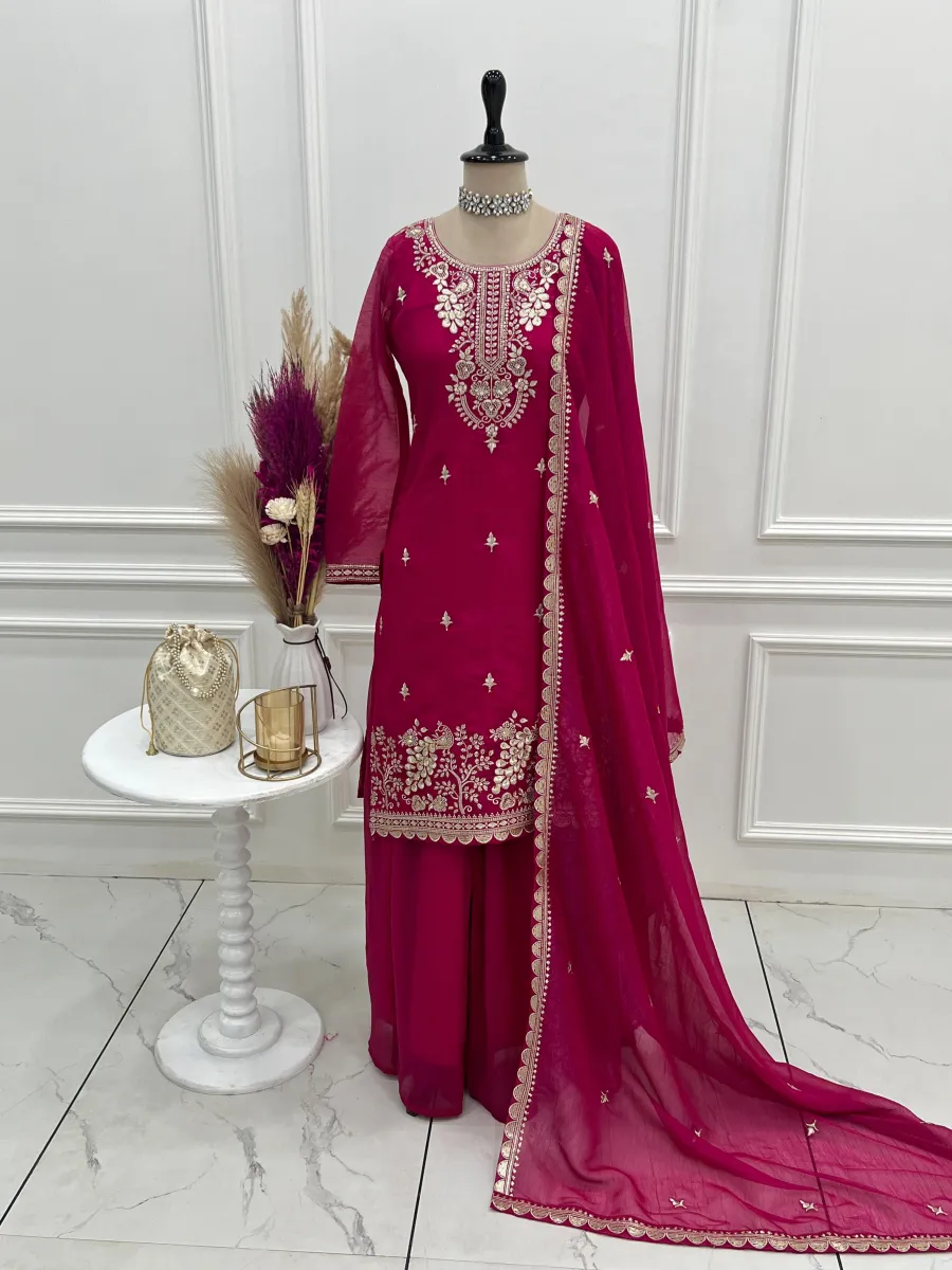 DESIGNER CRUNCHY SILK EMBROIDERY SEQUENCE,THREAD AND JARI WORK TOP PALAZZO WITH DUPATTA FESTIVE WEAR WHOLESALE PRICE ETHNIC GARMENT (25)