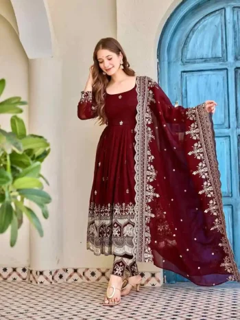 DESIGNER CRUNCHY SILK EMBROIDERY WITH SEQUENCE & THREAD WORK GOWN BOTTOM WITH DUPATTA MAROON
