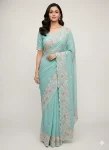 DESIGNER CRUNCHY SILK MULTI EMBROIDERY WORK AND BUTTI WITH CUT WORK SAREE WITH UNSTITCHED BLOUSE SKY