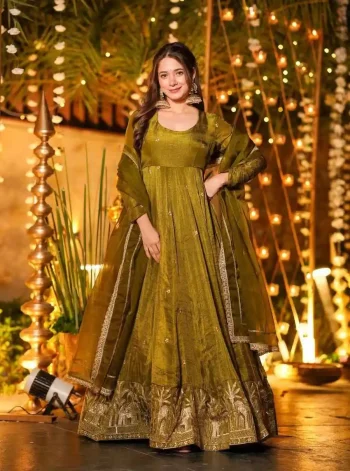 DESIGNER CRUNCHY SILK SEQUENCE AND EMBROIDERY WORK GOWN BOTTOM WITH DUPATTA GREEN