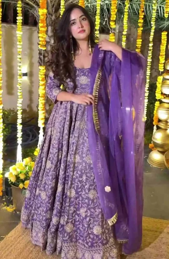 DESIGNER CRUNCHY SILK SEQUENCE AND EMBROIDERY WORK GOWN BOTTOM WITH DUPATTA PURPLE