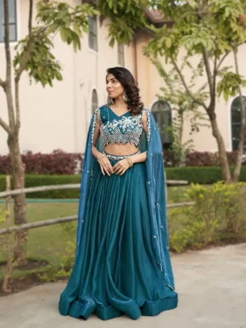 DESIGNER FENDY BEADS WORK LEHENGA UNSTITCHED CHOLI WITH DUPATTA TEAL