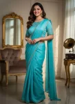 DESIGNER FENDY CRUSH SEQUANCE BUTTI WITH FANCY LACE WORK SAREE WITH STITCHED BLOUSE SKY