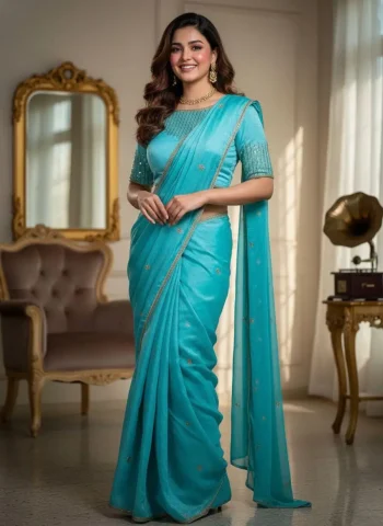 DESIGNER FENDY CRUSH SEQUANCE BUTTI WITH FANCY LACE WORK SAREE WITH STITCHED BLOUSE SKY