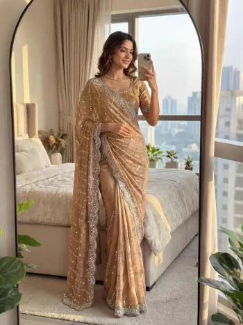 DESIGNER FENDY SATIN BEADS AND SEQUENCE EMBROIDERY WORK SAREE WITH UNSTITCHED BLOUSE CHIKU
