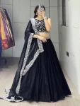 DESIGNER FENDY SATIN PLAIN WITH EMBROIDERY WORK BELT ON LEHNEGA CHOLI WITH DUPATTA BLACK