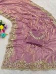 DESIGNER FENDY SATIN SEQUENCE EMBROIDERY AND MULTI THREAD WITH ARCO CUT WORK SAREE WITH UNSTITCHED BLOUSE LAVENDER