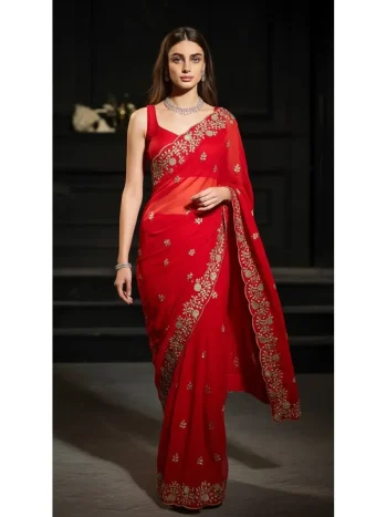 DESIGNER FENDY SATIN SEQUENCE EMBROIDERY WITH JAIPURI DORI WITH CUT BORDER WORK SAREE WITH UNSTITCHED BLOUSE RED