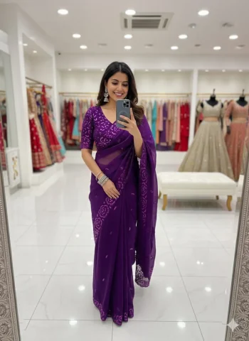 DESIGNER FENDY SATIN SILK MULTI THREAD SEQUENCE WORK SAREE WITH UNSTITCHED BLOUSE PURPLE
