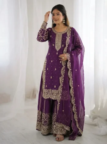 DESIGNER FENDY SILK EMBROIDERY CODING AND SEQUENCE WORK TOP PALAZZO WITH DUPATTA PURPLE