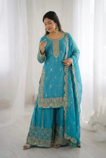 DESIGNER FENDY SILK EMBROIDERY CODING AND SEQUENCE WORK TOP PALAZZO WITH DUPATTA SKY