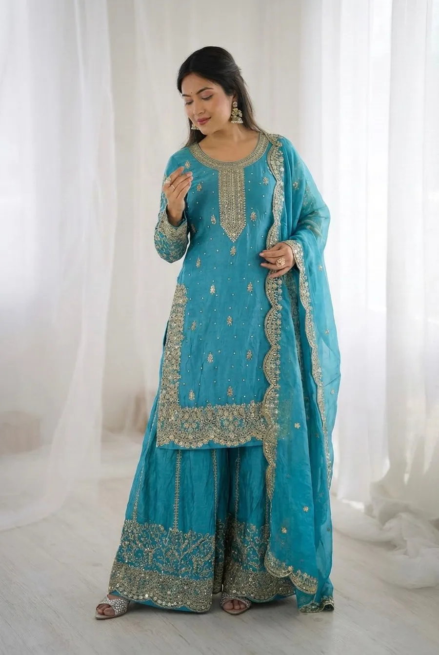 DESIGNER FENDY SILK EMBROIDERY CODING AND SEQUENCE WORK TOP PALAZZO WITH DUPATTA FESTIVE WEAR WHOLESALE PRICE ETHNIC GARMENT (29)