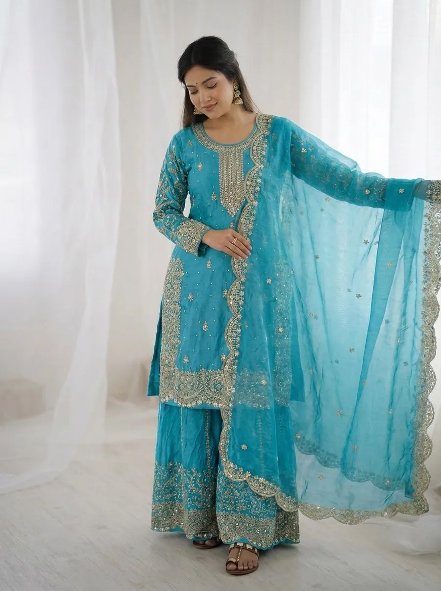 DESIGNER FENDY SILK EMBROIDERY CODING AND SEQUENCE WORK TOP PALAZZO WITH DUPATTA FESTIVE WEAR WHOLESALE PRICE ETHNIC GARMENT (31)