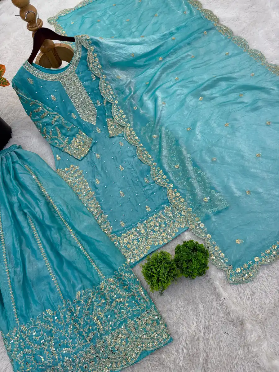 DESIGNER FENDY SILK EMBROIDERY CODING AND SEQUENCE WORK TOP PALAZZO WITH DUPATTA FESTIVE WEAR WHOLESALE PRICE ETHNIC GARMENT (35)