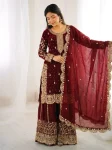 DESIGNER FENDY SILK EMBROIDERY CODING AND SEQUENCE WORK TOP PALAZZO WITH DUPATTA MAROON