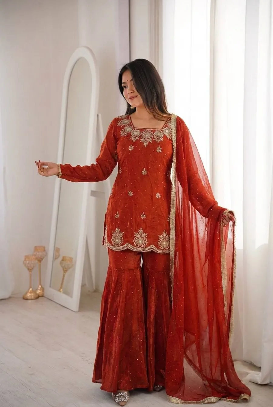 DESIGNER FENDY SILK EMBROIDERY SEQUENCE WITH ZARKAN DIAMOND WORK TOP SHARARA WITH DUPATTA FESTIVE WEAR WHOLESALE PRICE ETHNIC GARMENT (1)