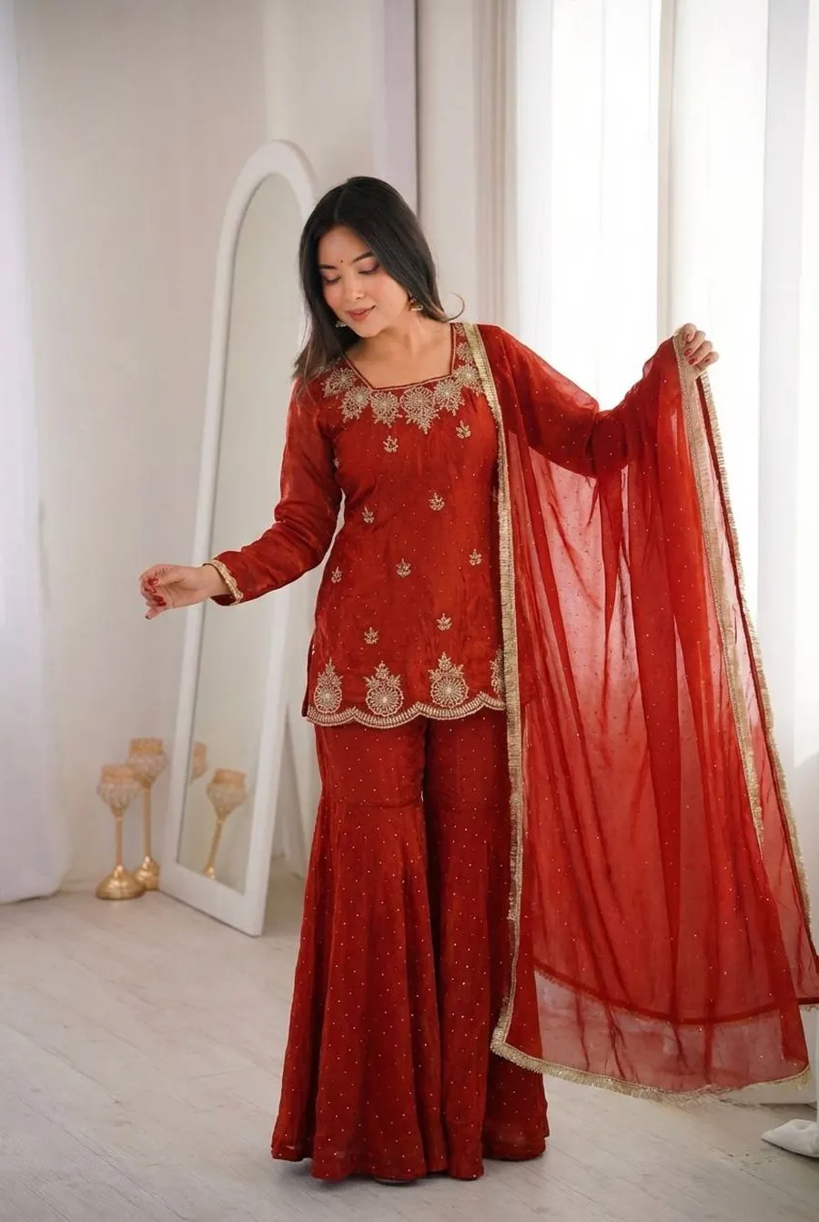 DESIGNER FENDY SILK EMBROIDERY SEQUENCE WITH ZARKAN DIAMOND WORK TOP SHARARA WITH DUPATTA FESTIVE WEAR WHOLESALE PRICE ETHNIC GARMENT (10)